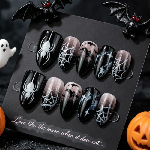 Halloween Press On Nails Short Almond Fake Nails with Bat Spider Stars Web Design - Black & White Variation