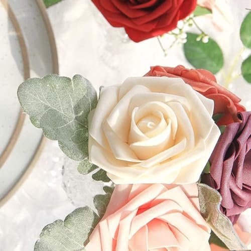 Artificial Roses for Wedding Bouquets - Champagne, 50 Stems - Realistic Fake Flowers for Decor & DIY Arrangements