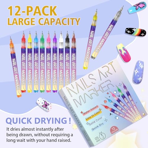 12pcs Fine Tip Nail Art Pen Set - Water-Based Quick-Dry Non-Toxic for Beginners