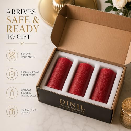 Red Pillar Candles Set of 3 - Unscented Dripless 3x6 Inch for Decor