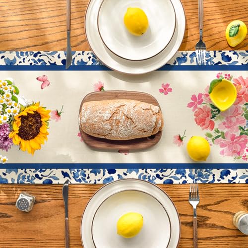13x90 Inch Blue Table Runner for Dining Table - Summer Kitchen Decor