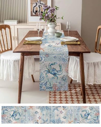 Nautical Crab Table Runner 13 x 60 Inches Coastal Farmhouse Decor