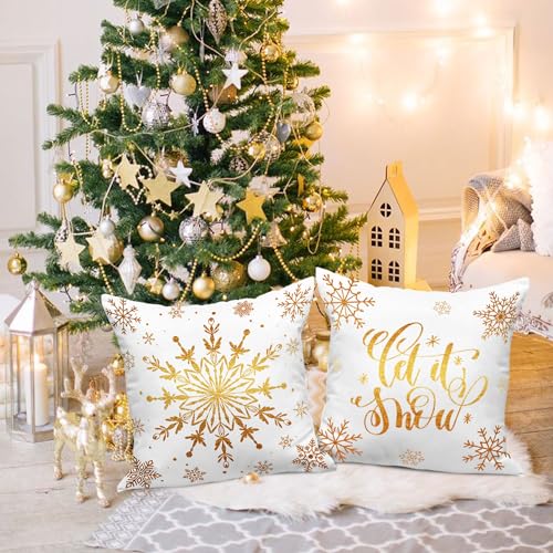 Gold and White Bronzing Christmas Throw Pillow Covers Set of 4 22x22 Inches - Holiday Cushion Cases for Home Decor