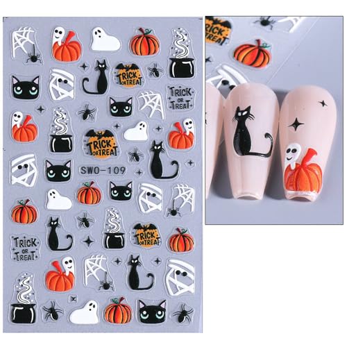 Halloween Nail Stickers 3D Self-Adhesive Ghost Skeleton Pumpkin Black Cat Spider Web White6