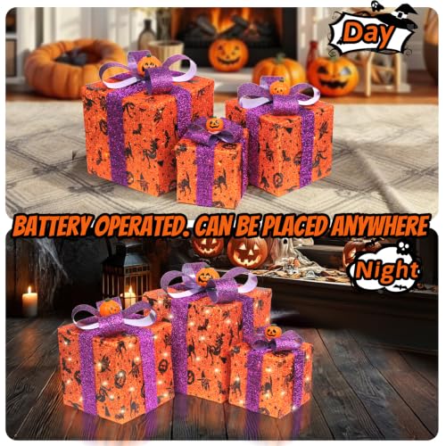 Yudara Halloween Lighted Gift Boxes Set - Orange Bat Spider Web Pumpkin