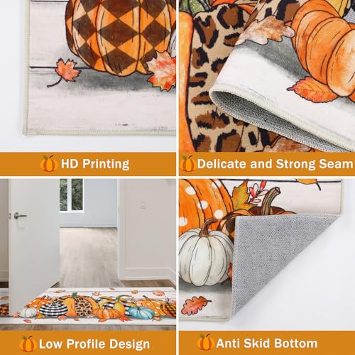 Fall Kitchen Rug Set of 3 - Washable Pumpkin and Plaid Runner Mats with Non-Slip Backing - Leopard Pumpkins Variation