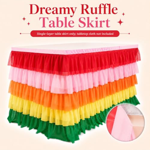 Pastel Rainbow Tulle Table Skirt 5-Layer Chiffon Ruffle 6FT 9FT for Rectangle & Round Tables