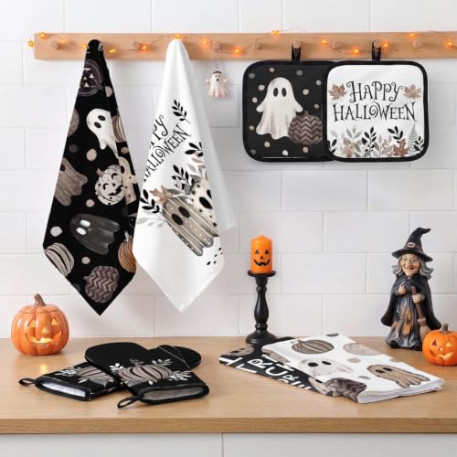 Halloween Ghost Kitchen Decor Set with Towels & Oven Mitts - Neutral Spooky Style