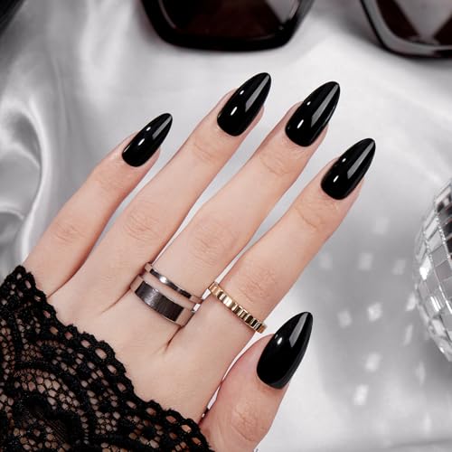 Enchanting Night Medium Black Almond Press-On Nails - Glossy Reusable False Nails Set with Glue & Cuticle Oil