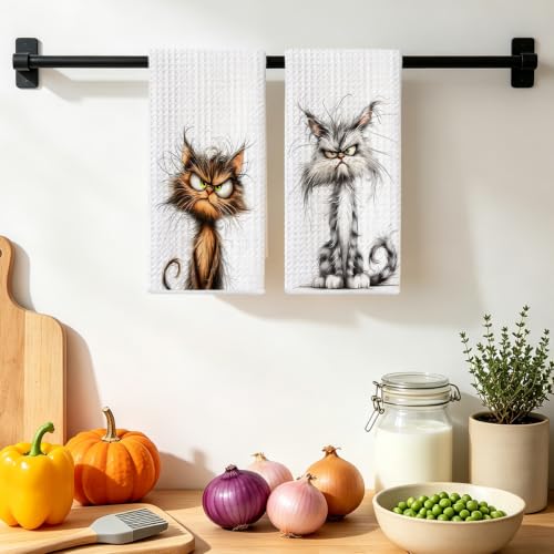 2 Pcs Funny Cat Kitchen Towels - Multi 1637 Cute Cat Gift Reusable Hand Towels