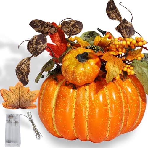 Artificial Pumpkin Centerpiece with Lights for Fall Table Decor - 9.1 Inch