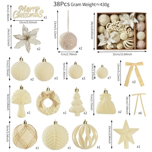 White Velvet Christmas Ornaments Set - 38 Shatterproof Holiday Baubles for Tree & Decorations