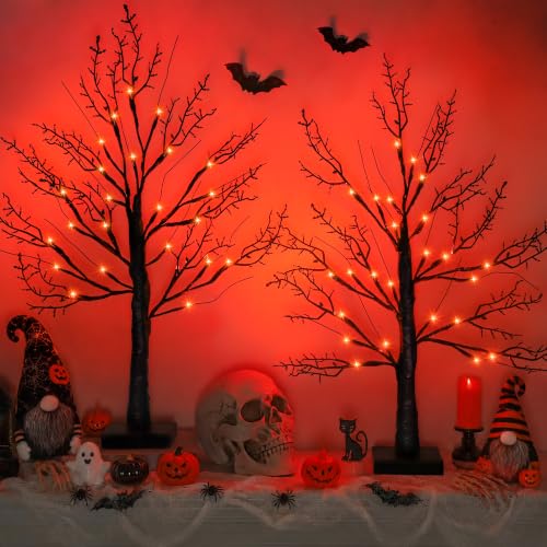 Orange Variation 2-Pack 24-Inch Black Halloween Tree with Orange Lights - Indoor Spooky Decor