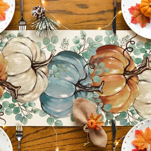 Eucalyptus Fall Pumpkins Table Runner - 13x72 Inch Autumn Thanksgiving Decor
