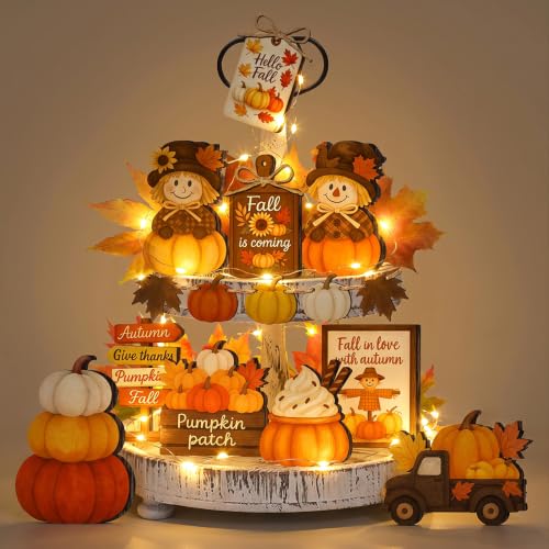 Fall Tiered Tray Decoration Set with Wooden Signs and String Lights - 18 Pieces