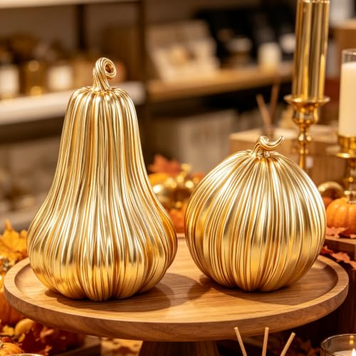Gold Fall Pumpkin Decor - 2Pcs Resin Pumpkins for Thanksgiving & Autumn Home Decoration - Variation B