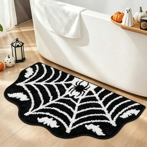 Halloween Spider Web Bath Mat - Gothic Bathroom Rug with Non-Slip Back - Spider Bath Variation