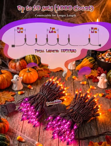 Halloween String Lights 13FT 50 Count Orange & Purple Lights - Brown Wire, Connectable, Waterproof, Festive Decor