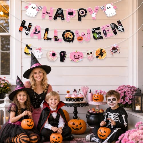 Pink Halloween Banner Set - Reusable Hanging Decorations for Parties
