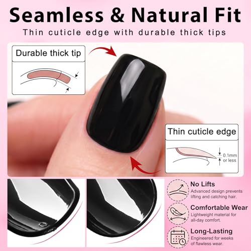 Black Short Square Press On Nails for Women - 240 Pack with Adhesive & Glue - Variation: Black