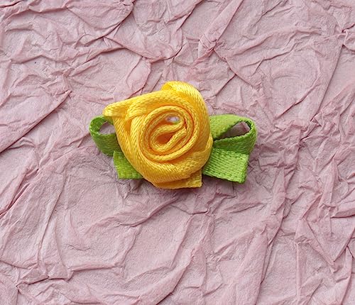 50 Pcs Satin Roses with Green Leaves for DIY Crafting Sewing - Yellow