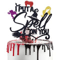 Halloween Witch Spell Cake Topper - Black Glitter Party Decor, 6x8.7 Inches