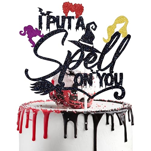 Halloween Witch Spell Cake Topper - Black Glitter Party Decor, 6x8.7 Inches