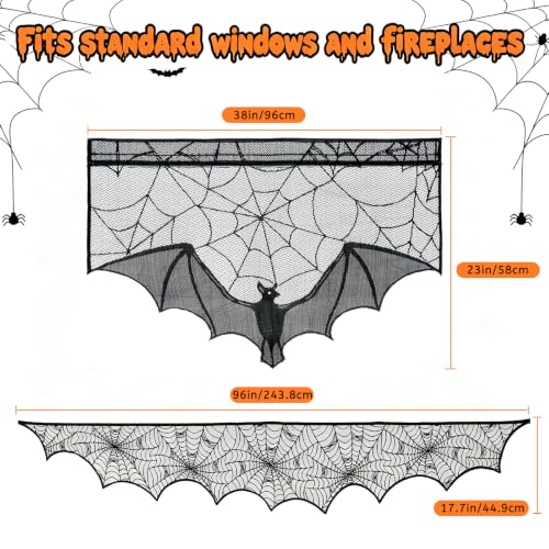 Halloween Black Lace Decorations Set with Bat Window Valance and Spiderweb Mantle Scarf