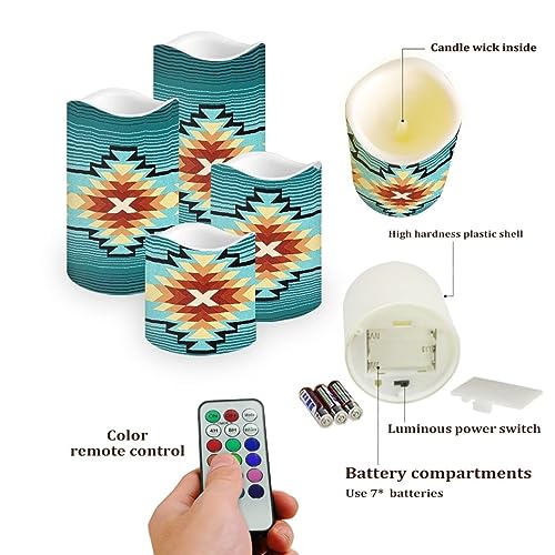Southwest Native American Triba Flameless Candles Set with Remote - Color Changing & Timer - 4 Pack