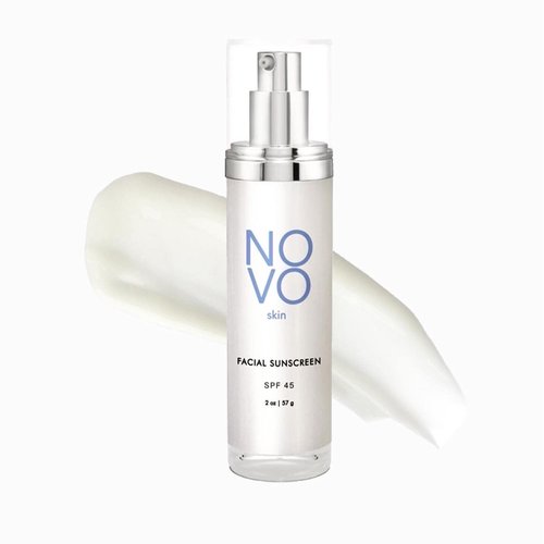 NOVO skin Collagen Boosting Sunscreen + Moisturizer SPF 45 w/ Hyaluronic Acid & Niacinamide. Anti aging. Broad Spectrum UVA / UVB / Blue light. Mineral based Zinc Oxide lotion, Non greasy, Oil-free. No White Cast. 2.0 oz pump