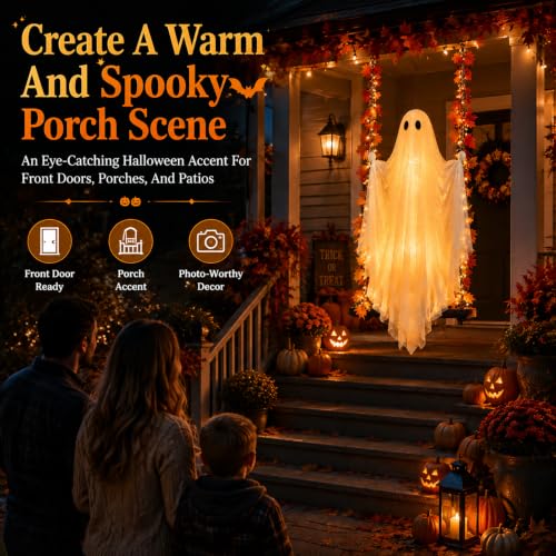 Halloween Decorations Light Up Swinging Ghost on Swing - 6.6 Ft Outdoor Porch Accent with Maple Leaves - Variation 30