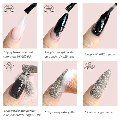 6 Colors Glow in The Dark Nail Powder Set with Glitter & Brush - Sugar Effect