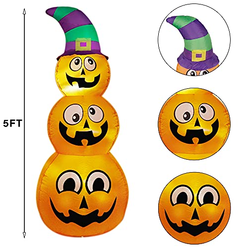 Inflatable Halloween Pumpkins with Witch Hat and LED Lights - 5 Ft Outdoor Yard Decor