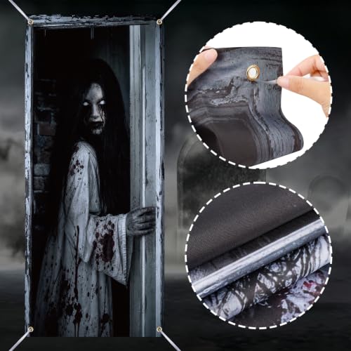 Halloween Window Curtain Cover - Scary Female Ghost Poster, 3 Pieces, Spooky Decor