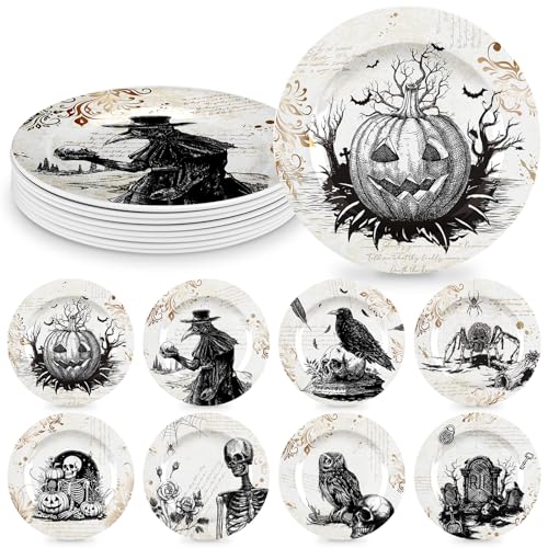 Retro Halloween Dinnerware Set - 8 Plates with Spooky Designs, Party Tableware