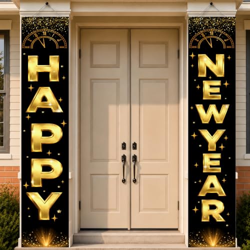 Black Gold New Year Porch Banner - Happy New Year Decorations 2027