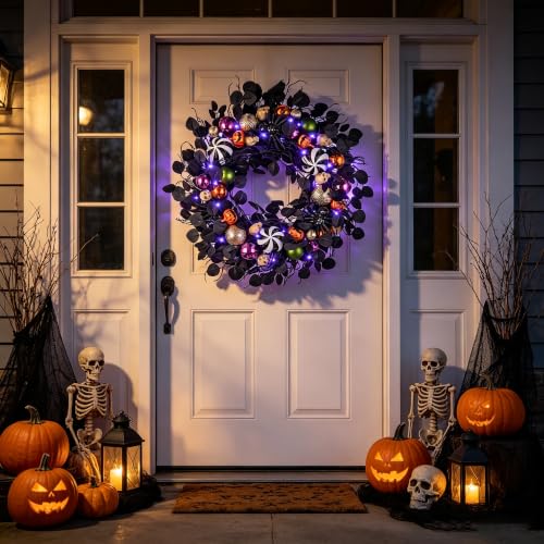30-Inch Halloween Wreath with Timer - Spider, Skull, Ornaments, Black Green Orange Variation