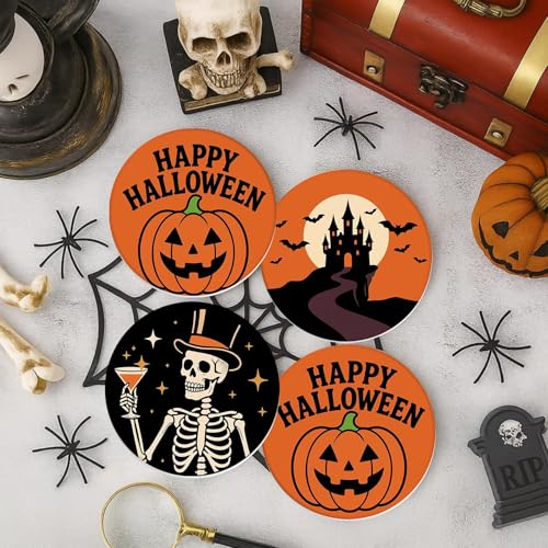 Halloween Ghost & Skeleton Coasters Set of 6 - Ceramic Stone Drink Protectors with Cork Bottom & Holder - Skeleton Castle Ghost Variation