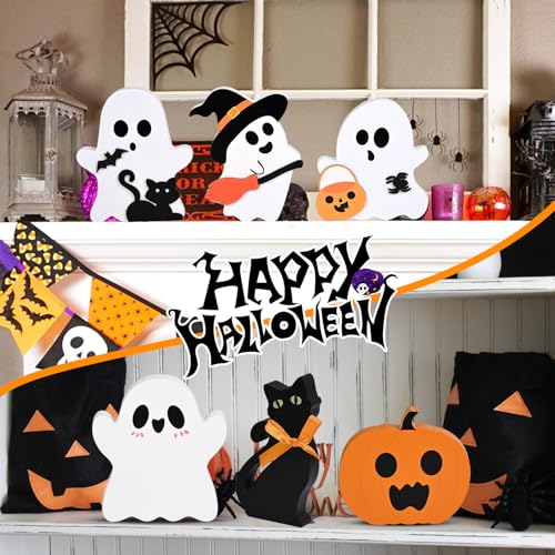 Halloween Wooden Decor Set - Ghost and Pumpkin Signs, Ghost C Variation, Indoor Fall & Holiday Table Decorations