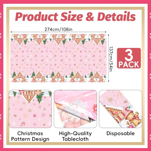 Pink Gingerbread Disposable Christmas Tablecloth Set - 3 Pieces 54x108 Inches