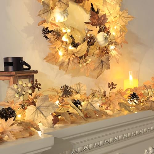 6 Ft Fall Garland with Lights - Real Touch Leaves Berries Pine Cones - Beige