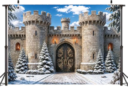 Medieval Castle Backdrop Banner 7x5FT Winter Stone Fortress Gate Scene - Fantasy Photo Decor