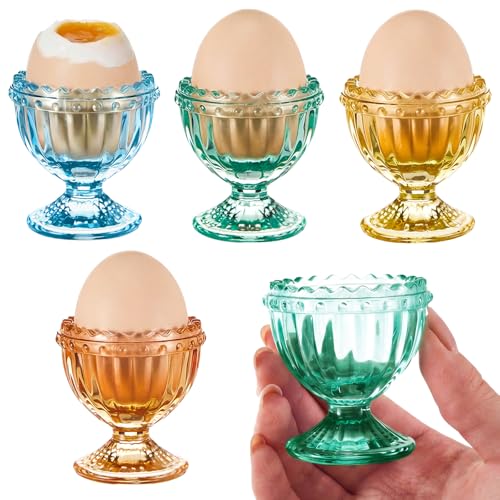 Glass Egg Cups Set of 4 - Colorful Retro Egg Holders for Breakfast - 4 Color Variation