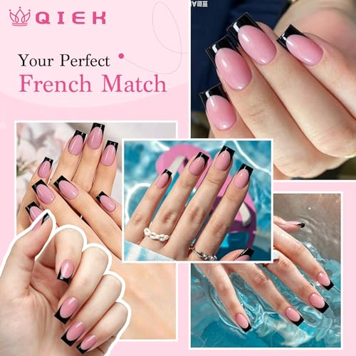 Black French Tip Press-On Nails Set - Short Square 150 Pcs with Deep Pink & Black Variation