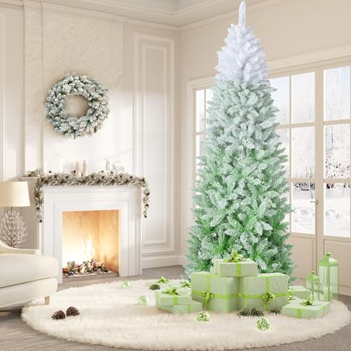 6Ft Slim Artificial Christmas Tree with Pink Green Gradient Flocked Branches - Space-Saving Holiday Decor