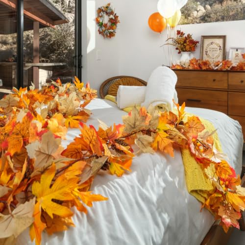 2 Pack Fall Leaf Garland with Lights - 12Ft Autumn Maple String Lights for Thanksgiving Halloween Decorations