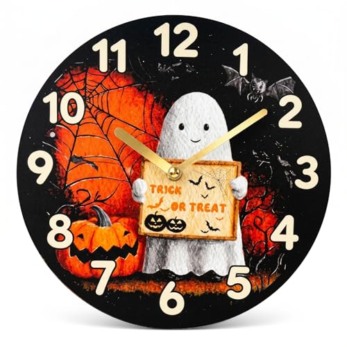 Halloween Ghost Wall Clock - 12 Inch Spooky Silent Decor with Trick or Treat Design - Ghost Variation