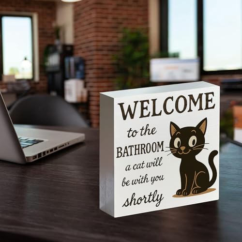 Cat Wooden Sign - Funny Bathroom Decor, Cat Lover Gift, 5x5 Inch