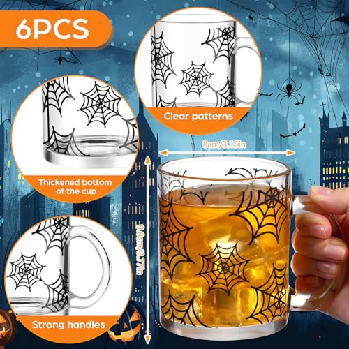 Halloween Spider Web Coffee Mug Set - 6 Pack 12 oz Glass Cups Bulk Gift