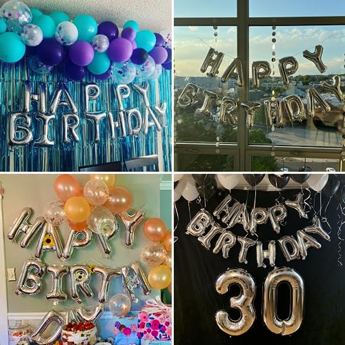 Silver Happy Birthday Balloons Banner Set - 16 Inch Foil Letters & Confetti Balloons